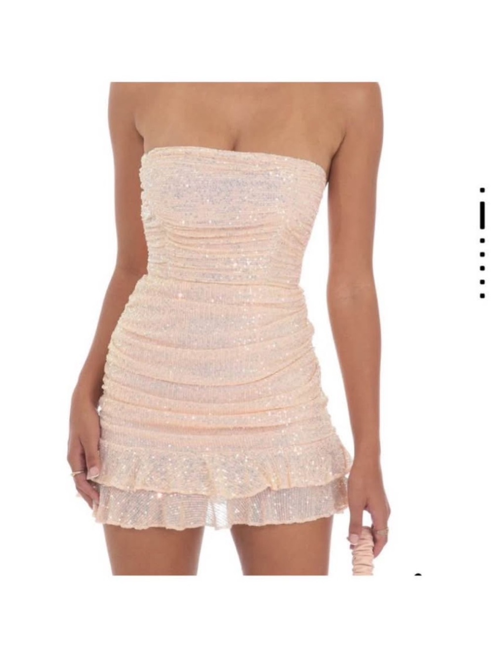 Lucy in the Sky Strapless Sequin Ruched Mini Dress in Blush Pink